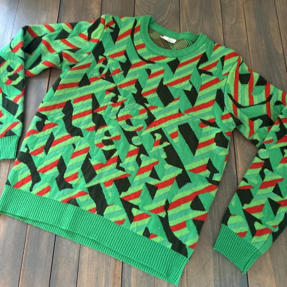 Men's Green Geometric Pattern Crewneck Cardigan Sweater